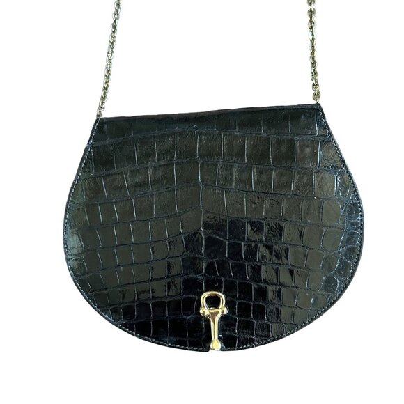 Vintage Black Leather Animal Print Embossed Crossbody Bag Chain Strap - Picture 2 of 11